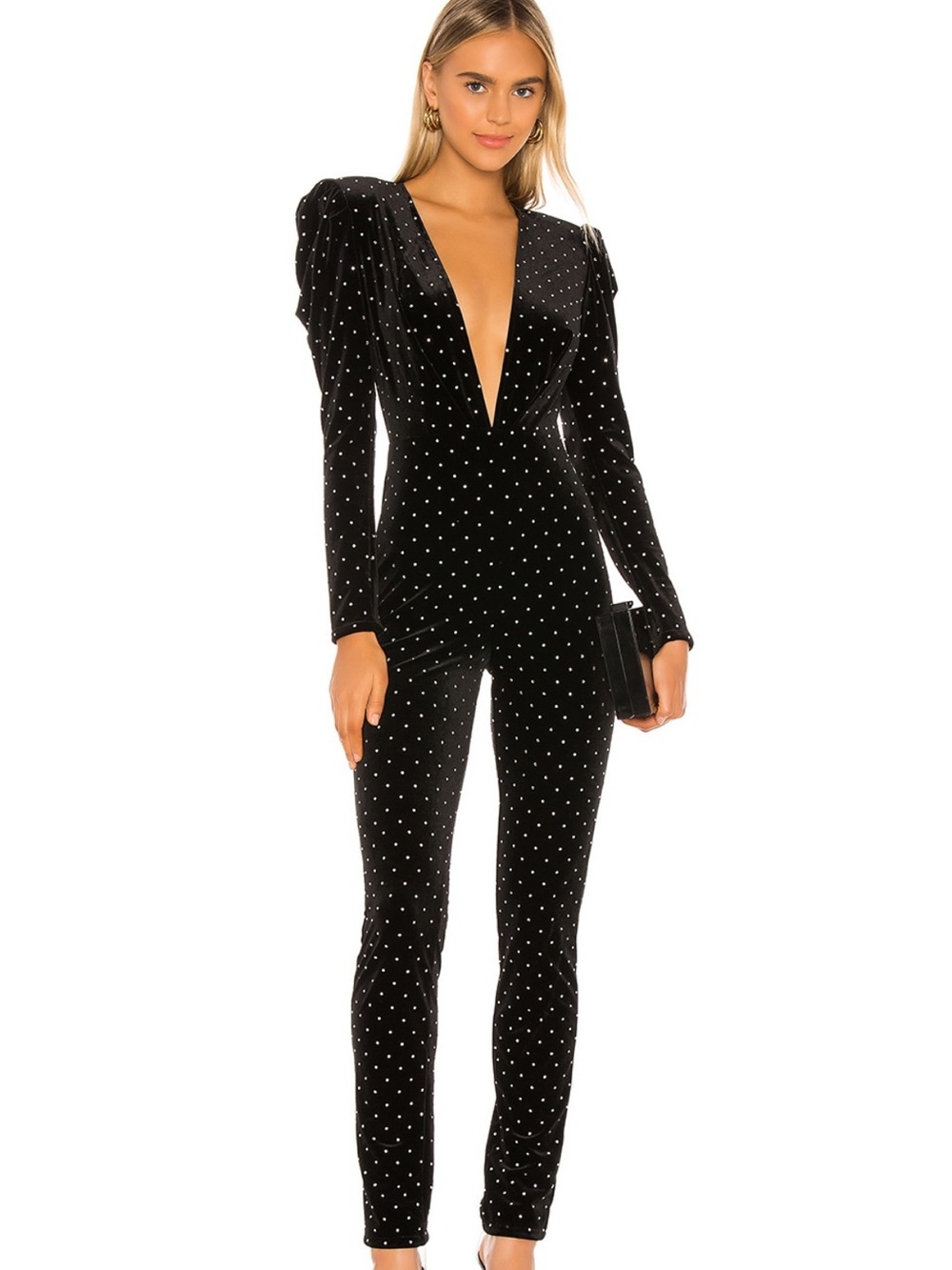 Michael Costello Black Velvet Plunge Jumpsuit with Crystal Studs